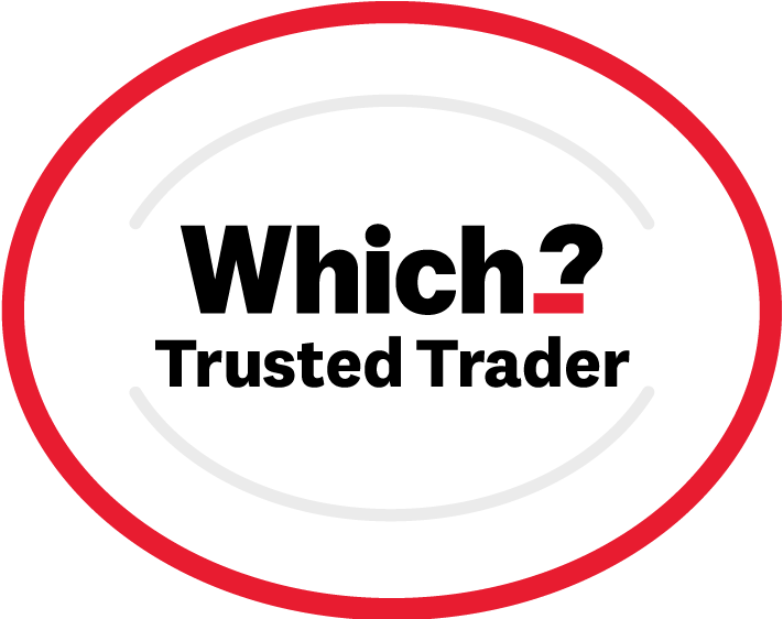 Logo of "Which? Trusted Trader" with a white background and red border. The word "Which?" is bold and black with a red question mark, followed by "Trusted Trader" in black text—ideal for driveway installers seeking trusted recognition in block paving services.