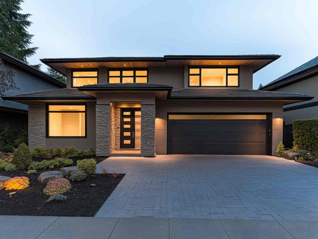 Modern two-story house with large windows, stone accents, and a dark garage door. The exterior lights are on, highlighting the landscaped front yard and paved driveway at dusk.