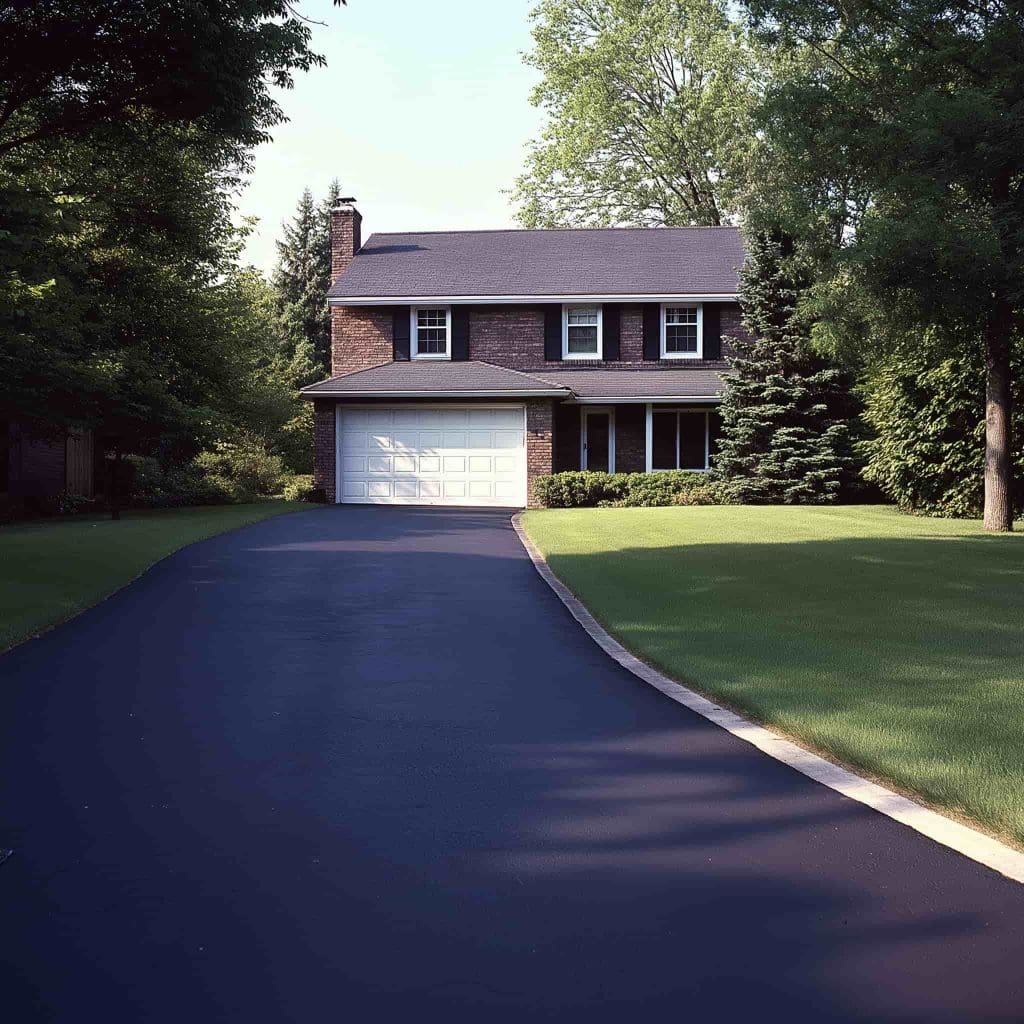 A two-story brick house with black shutters and a white garage sits at the end of a freshly paved driveway, surrounded by green grass and mature trees on a sunny day.